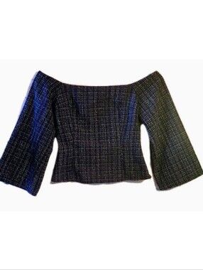 ZARA Tweed Textured Off Shoulder Top Flare Long Sleeves Size S Blue Day To Night